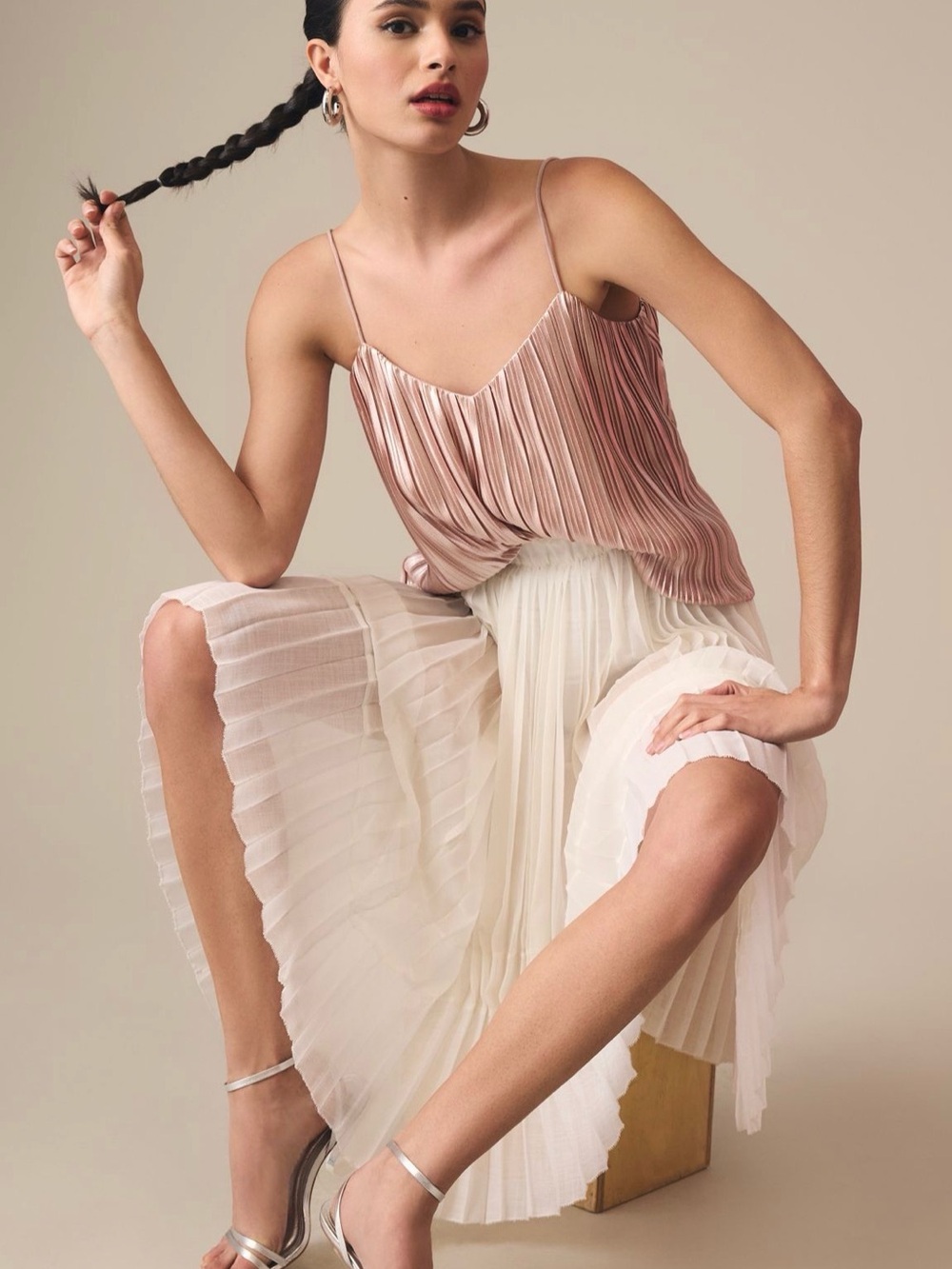 Anthropologie 4S13NNA Pleated Satin Cami Top in Dusty Rose NWT